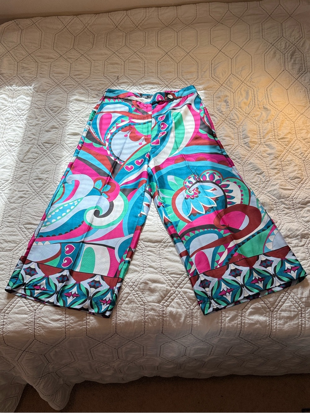 Zara Turquoise, Fuchsia and Black Abstract Print Wide Leg Pants
